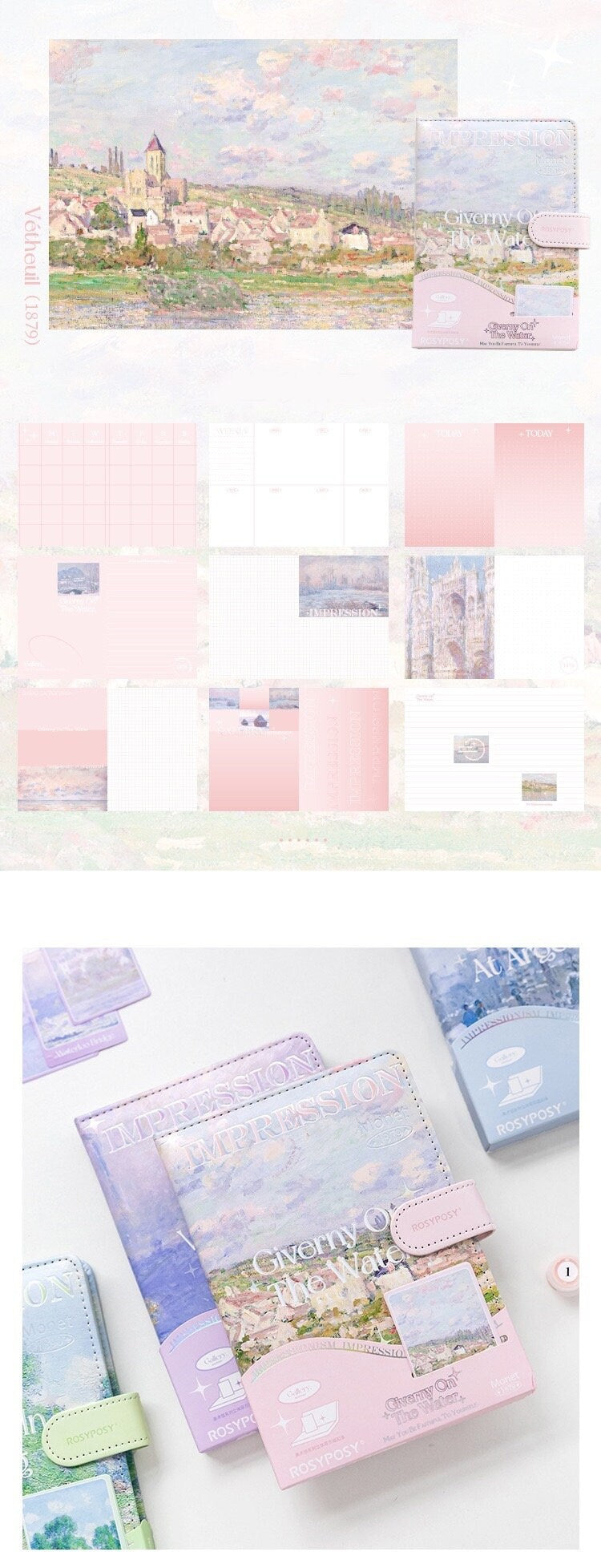 Gallery Impression Monet 1875 Notebook with 3D Page and Stickers -198 Pages A5 magnetic buckle Soft Leather Cover - Bullet Journal Planner