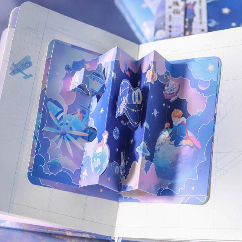 Little Prince Time Notebook with Bookmark and 3D Page -224 Pages A5 magnetic buckle Soft Leather Cover - Space Bullet Journal DIY Planner