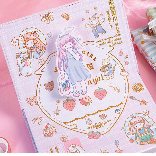Sweet Bean Girl Notebook with Bookmark and 3D Page -224 Pages B6 magnetic buckle Girl Soft Leather Cover - Bullet Journal DIY Planner