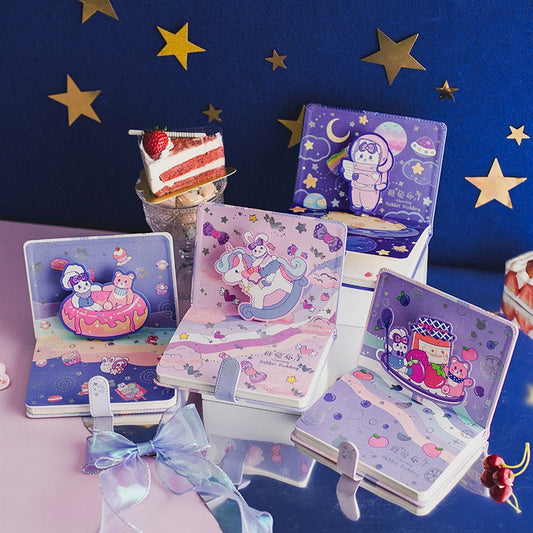 Rabbit Pudding Notebook with Bookmark and 3D Page -224 Pages A5 magnetic buckle Soft Leather Cover - Space Bullet Journal DIY Planner