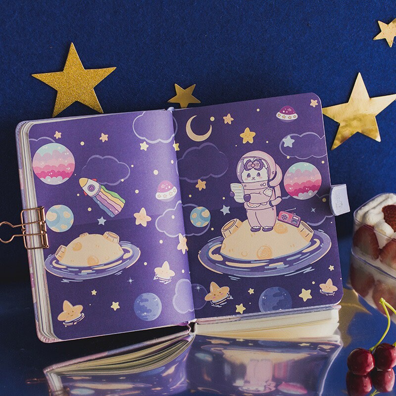 Rabbit Pudding Notebook with Bookmark and 3D Page -224 Pages A5 magnetic buckle Soft Leather Cover - Space Bullet Journal DIY Planner