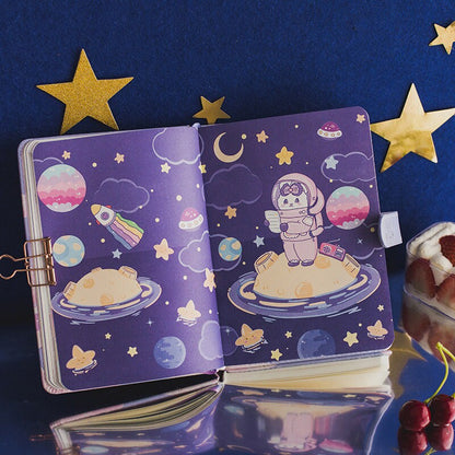 Rabbit Pudding Notebook with Bookmark and 3D Page -224 Pages A5 magnetic buckle Soft Leather Cover - Space Bullet Journal DIY Planner