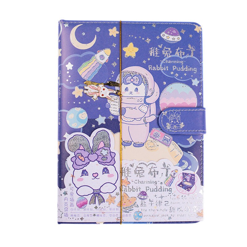 Rabbit Pudding Notebook with Bookmark and 3D Page -224 Pages A5 magnetic buckle Soft Leather Cover - Space Bullet Journal DIY Planner