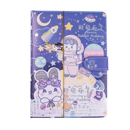 Rabbit Pudding Notebook with Bookmark and 3D Page -224 Pages A5 magnetic buckle Soft Leather Cover - Space Bullet Journal DIY Planner