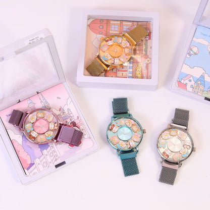 Rabbit Garden Analog Watch - Cute Animal Design Kids' Watch with Gift Box - Kawaii Wrist Watch with Metal Strap -Birthday Gift for Children