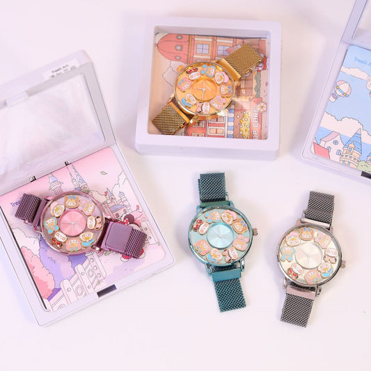 Rabbit Garden Analog Watch - Cute Animal Design Kids' Watch with Gift Box - Kawaii Wrist Watch with Metal Strap -Birthday Gift for Children