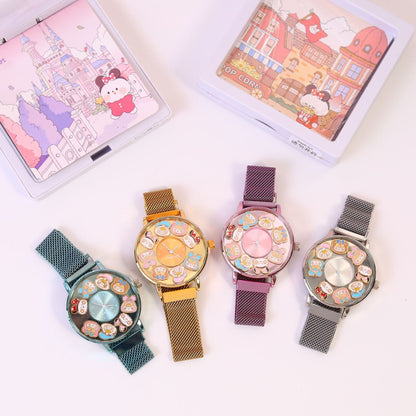 Rabbit Garden Analog Watch - Cute Animal Design Kids' Watch with Gift Box - Kawaii Wrist Watch with Metal Strap -Birthday Gift for Children