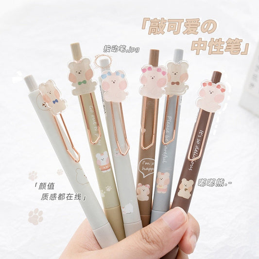 Kawaii  Black Ink Gel Pen 0.5mm Micro Point - 6 Pens Set - Cute Animal Gel Pen - Black Ink - Office Pen - Student Stationery Office Supplier