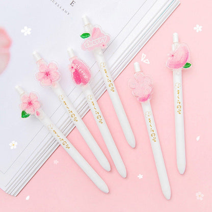 Kawaii Cherry Blossom Black Ink Gel Pen 0.5mm Micro Point - 6 Pens Set - Cute Gel Pen - Office Pen - Student Stationery Office Supplier