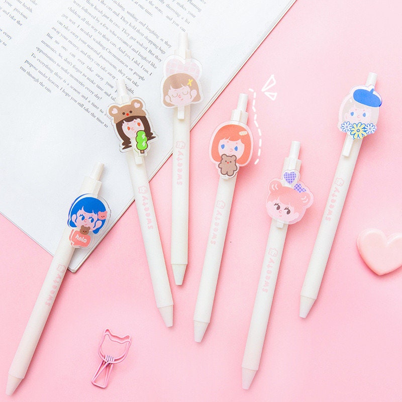 Kawaii Cherry Blossom Black Ink Gel Pen 0.5mm Micro Point - 6 Pens Set - Cute Gel Pen - Office Pen - Student Stationery Office Supplier