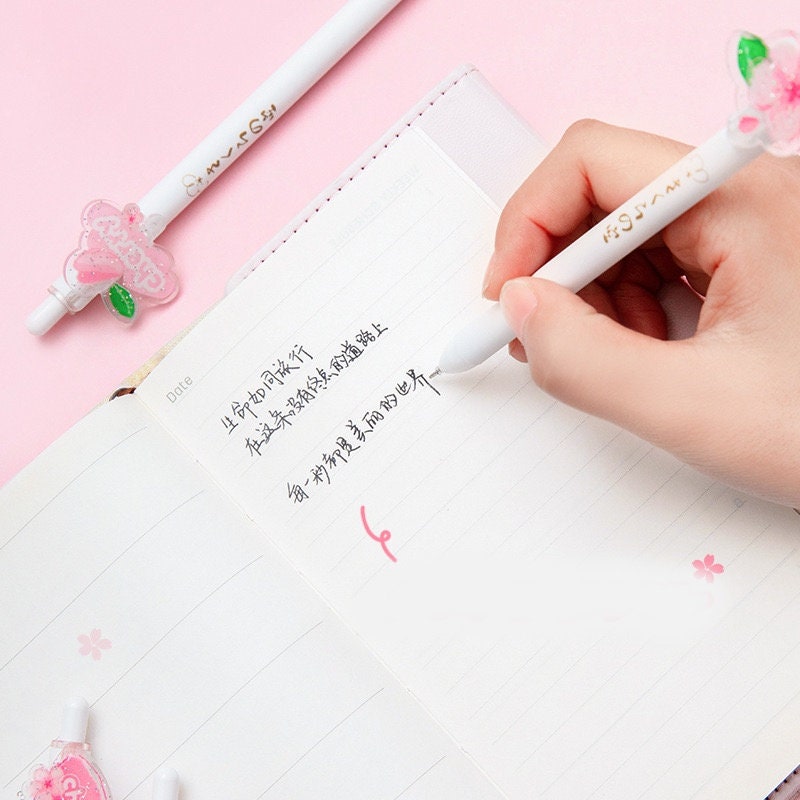 Kawaii Cherry Blossom Black Ink Gel Pen 0.5mm Micro Point - 6 Pens Set - Cute Gel Pen - Office Pen - Student Stationery Office Supplier