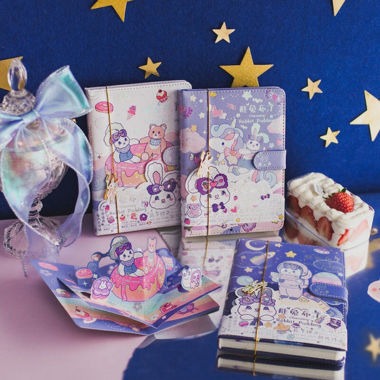Rabbit Pudding Notebook with Bookmark and 3D Page -224 Pages A5 magnetic buckle Soft Leather Cover - Space Bullet Journal DIY Planner