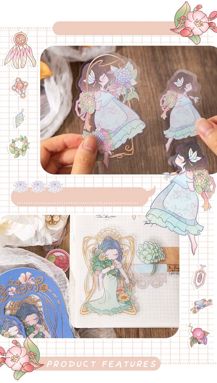Flower Goddess - 30 Cute Stickers Set with 10 Designs - Cute Girl with Flower Stickers for Planner, Decoration and more - Craft and DIY